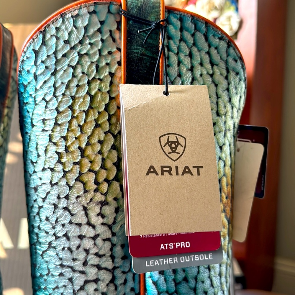 Ariat Brown Leather Western Boots with Turquoise Ombre Shaft - Picture 6 of 8
